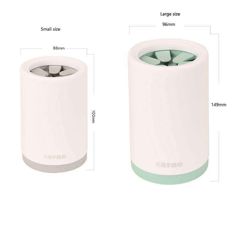 Paw Cleaner devices in small and large sizes, featuring white cylindrical bodies with soft silicone bristles inside and colored bases for easy paw cleaning