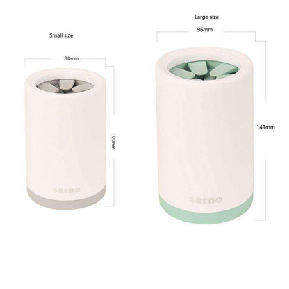 Paw Cleaner devices in small and large sizes, featuring white cylindrical bodies with soft silicone bristles inside and colored bases for easy paw cleaning