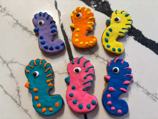 Colorful Pawquatic Ponies organic peanut butter dog treats shaped like seahorses