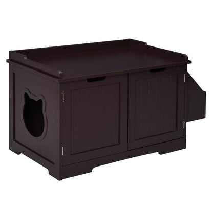 Dark brown wooden cat litter box nightstand with magnetic doors and cat-shaped side entrance opening