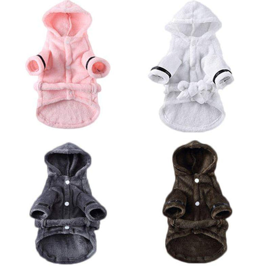 Pet Bathrob Dog Pajamas in soft polyester fabric, featuring hooded designs in pink, white, grey, and brown with adjustable belts and buttons