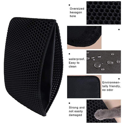Waterproof cat litter pad with honeycomb design, black EVA foam, oversized hexagon holes, durable and eco-friendly for trapping cat litter and easy cleaning.