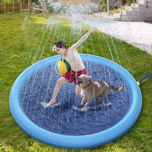 Blue pet dog sprinkler cooling play mat for outdoor summer fun
