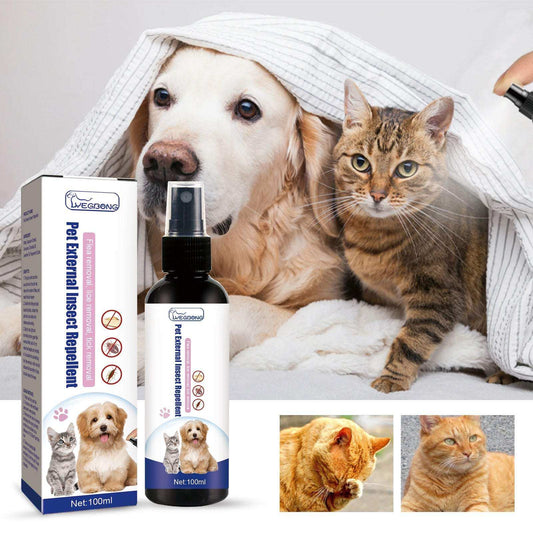 Pet Flea and Tick Spray in a white 100 mL pump bottle with matching box, shown beside a dog and tabby cat