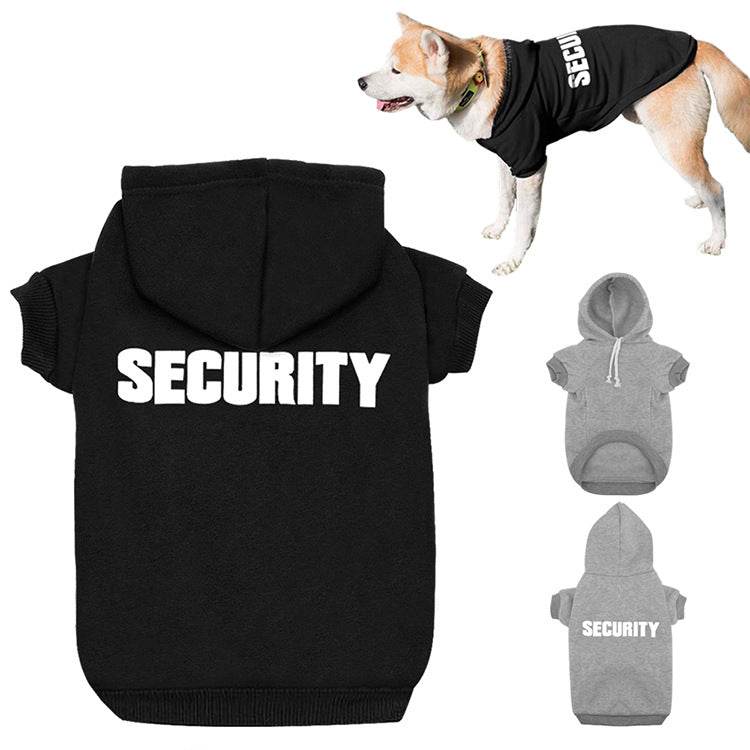 Black and grey cotton pet hoodie with security print for dogs