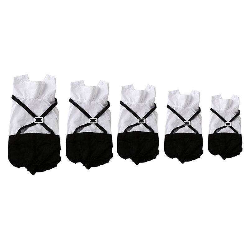 Pet Suit with Bow Tie in black and white, soft cotton blend tuxedo design with attached bow tie, five sizes lined up