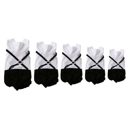 Pet Suit with Bow Tie in black and white, soft cotton blend tuxedo design with attached bow tie, five sizes lined up