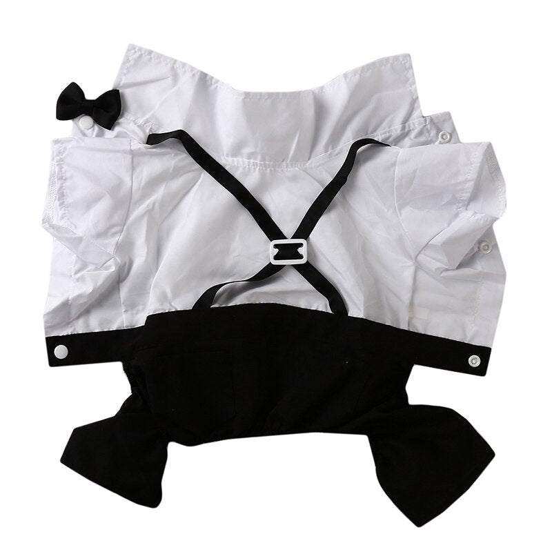 Pet Suit with Bow Tie featuring a white shirt with black suspenders and attached black bow tie, stylish formal outfit for pets