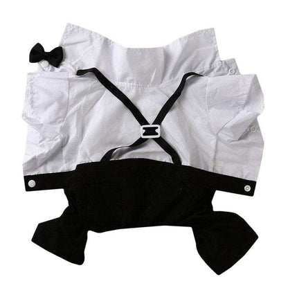 Pet Suit with Bow Tie featuring a white shirt with black suspenders and attached black bow tie, stylish formal outfit for pets