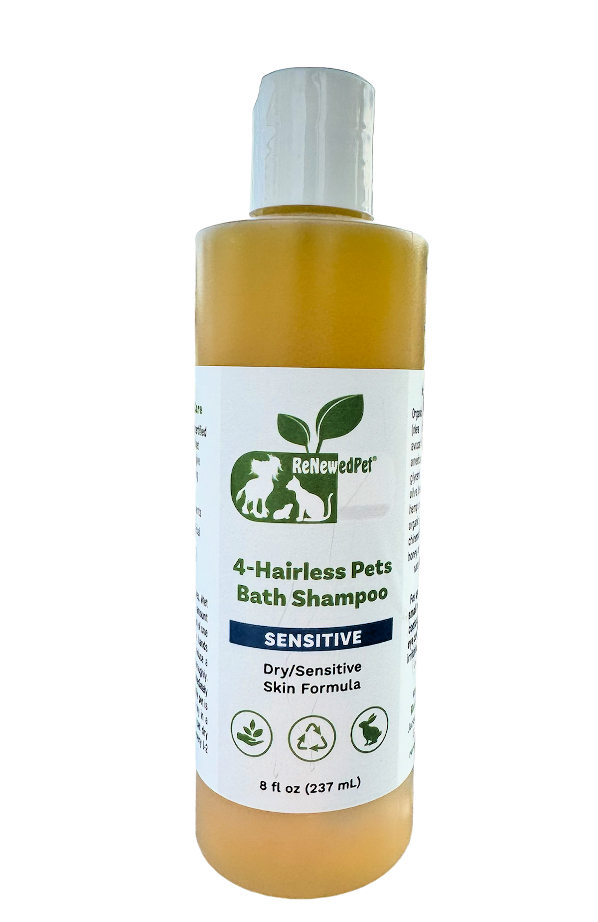 4-HAIRLESS PETS sensitive shampoo bottle with exfoliating gloves