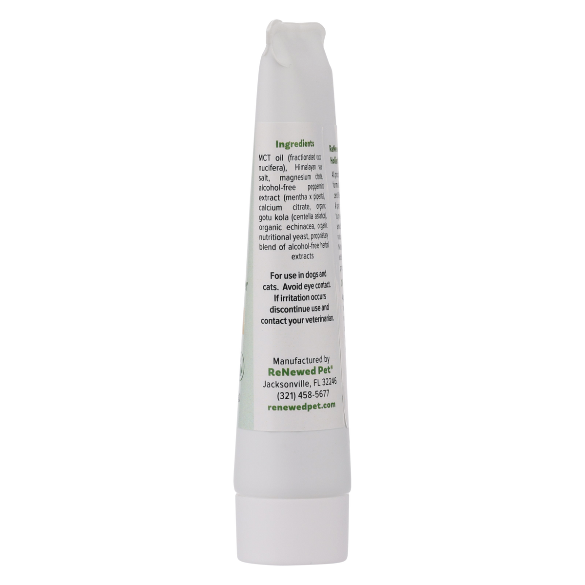 white tube of Pets Toothpaste and Gum Cleanser with green and black text listing organic ingredients for dogs and cats dental care