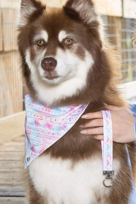 Pink and blue tribal dog bandana with matching wristlet keychain featuring heart and paw print engraving