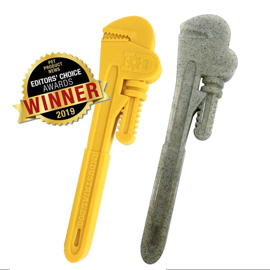Yellow and gray Pipe Wrench Nylon Dog Toys for aggressive chewers, durable chew toys made in USA