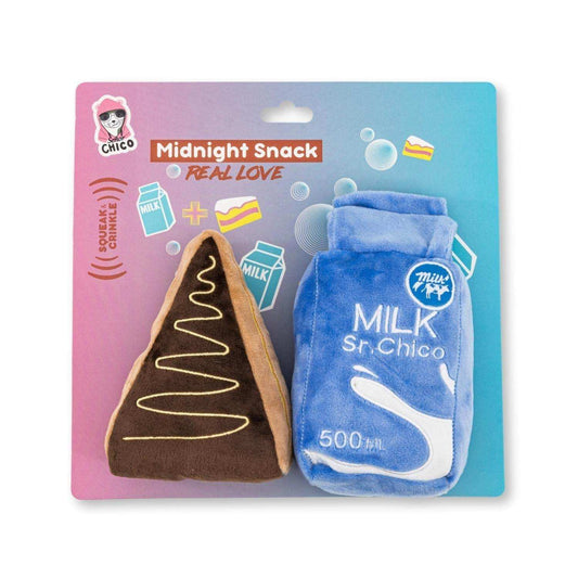 Plush cake slice and milk carton dog toys with squeakers and crinkle paper