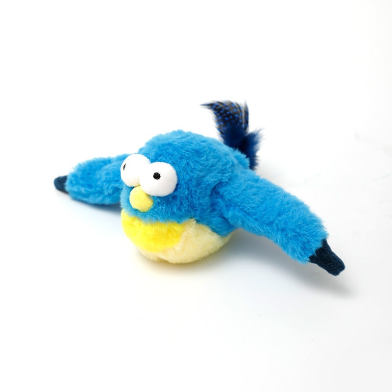 Plush Squeaky Animal Pet Toy featuring a fuzzy blue bird with a yellow belly, large eyes and spread wings