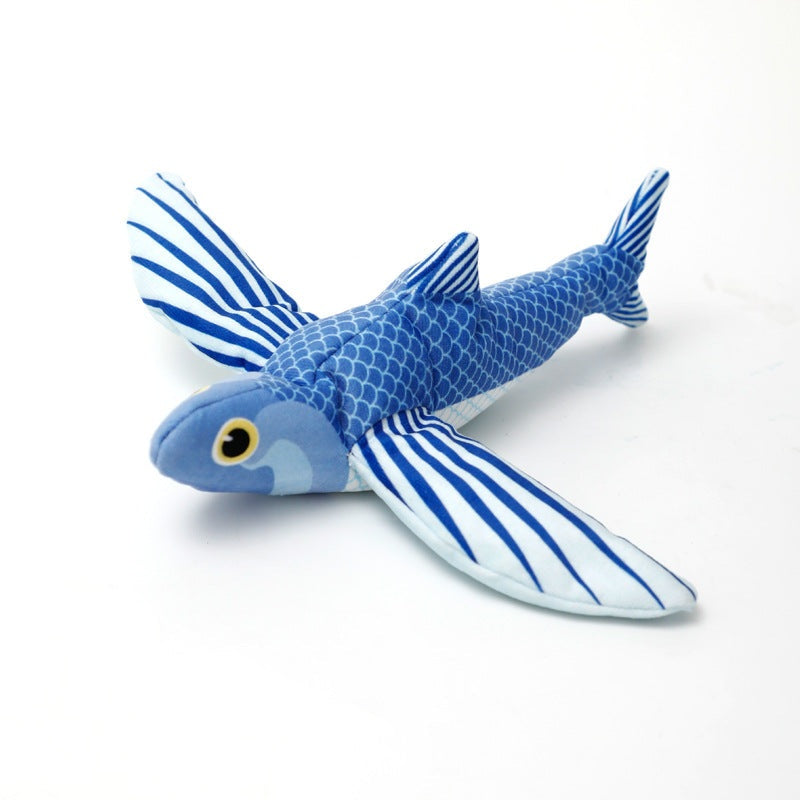 Plush Squeaky Animal Pet Toy shaped like a blue flying fish, with a patterned body and striped fins