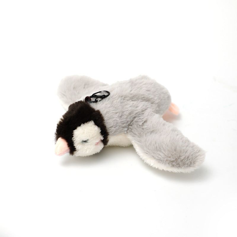 Plush Squeaky Animal Pet Toy shaped like a grey flying squirrel, with soft fur, dark facial markings and a black clip