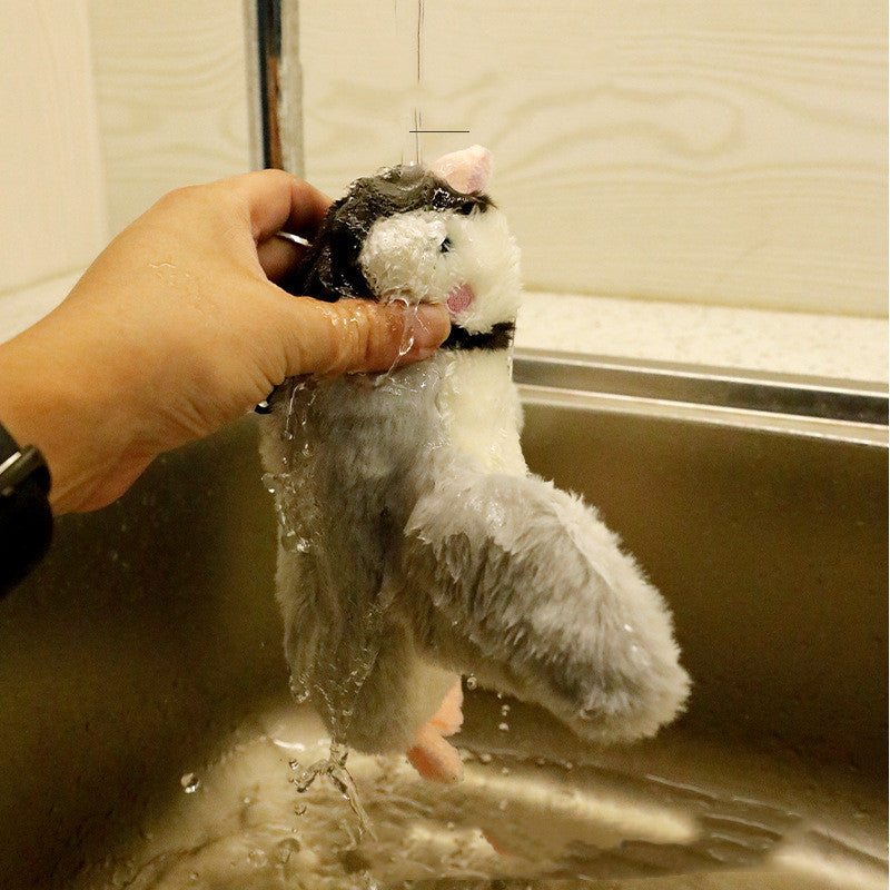 Plush Squeaky Animal Pet Toy featuring a grey and white bird with a soft fuzzy body, pink beak and feet