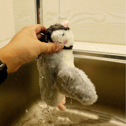 Plush Squeaky Animal Pet Toy featuring a grey and white bird with a soft fuzzy body, pink beak and feet