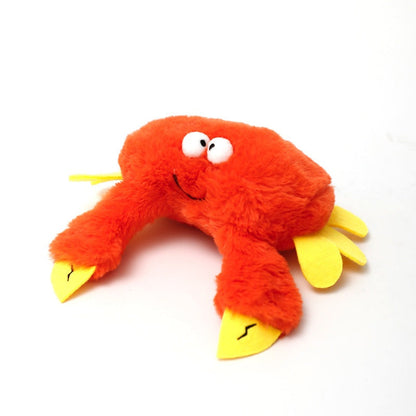 Plush Squeaky Animal Pet Toy shaped like a bright orange crab, with fuzzy fabric, yellow claws and googly eyes