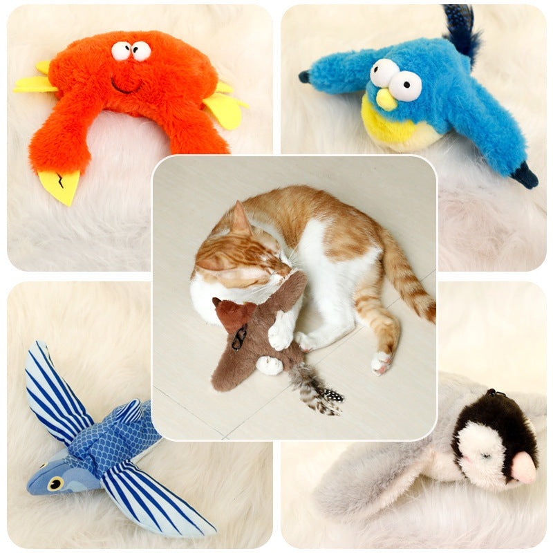 Plush Squeaky Animal Pet Toy set with a bright orange crab, blue bird and fish, plus a brown mouse toy beside a cat