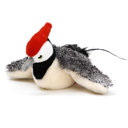 Plush Squeaky Animal Pet Toy, a soft woodpecker bird with a red crest, black-and-white body and speckled grey wings
