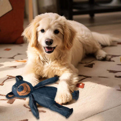 Plush Squeaky Bear Dog Toy in dark blue fabric, with a brown snout and long floppy limbs for chewing play.
