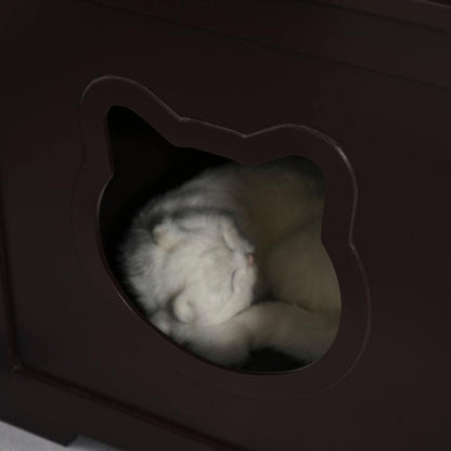 Cat Litter Box Nightstand with wooden enclosure and cat-shaped side door showing a sleeping white cat inside