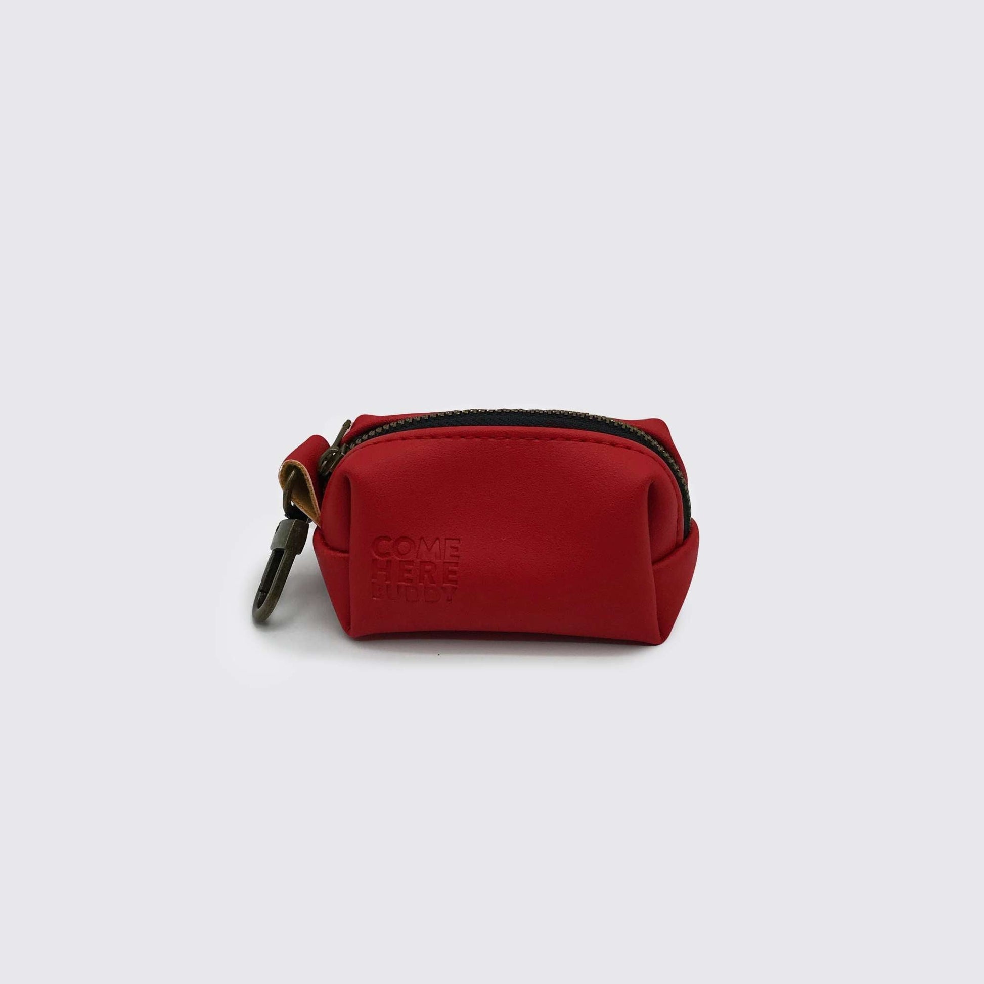 Red leather poop bag dispenser with zipper and clip for dog waste bags