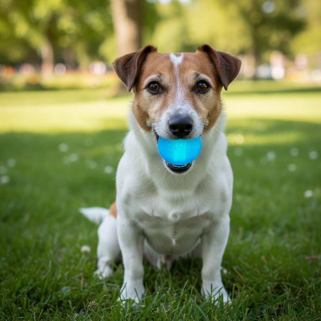 Dog holding glowing blue Strobe Ball Light-Up Dog Toy for night play and water retrieval