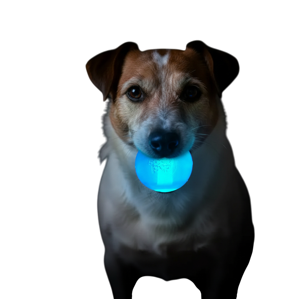 Dog holding glowing blue Strobe Ball Light-Up Dog Toy in mouth during nighttime play