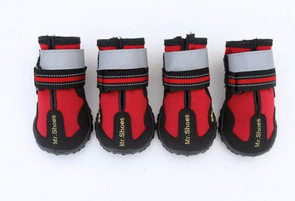 Red Waterproof boots with reflective velcro straps for medium to large dogs, anti-slip rugged soles