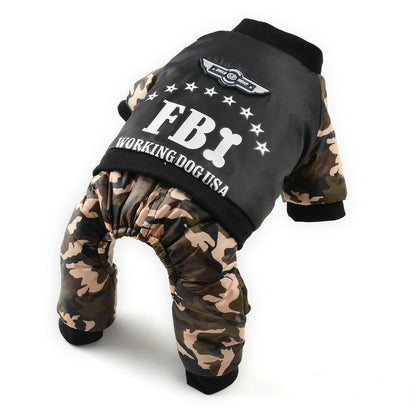 Dog wearing FBI camouflage coat and jumpsuit pants with four-legged design and warm material