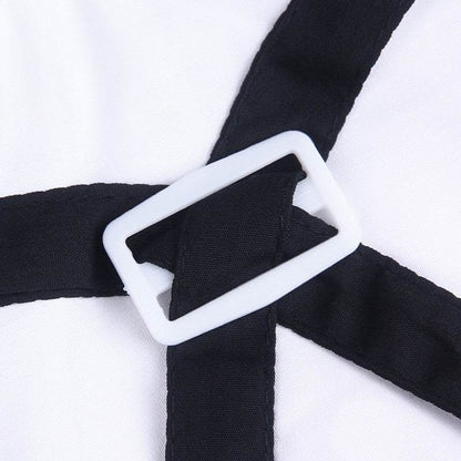 Black fabric strap with white rectangular plastic buckle on white background pet suit with bow tie accessory
