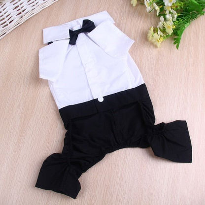 Black and white pet suit with bow tie, formal dog tuxedo outfit for small to medium pets