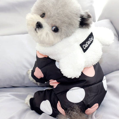Waterproof dog snowsuit with large polka dots, fleece lined, warm winter coat for small dogs