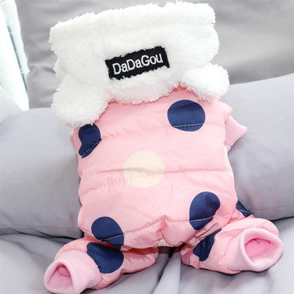 Waterproof dog snowsuit pink with big navy polka dots fleece-lined hoodie with ears for small dogs winter coat