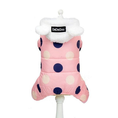 Waterproof pink dog snowsuit with large polka dots and fleece-lined hood for small dogs