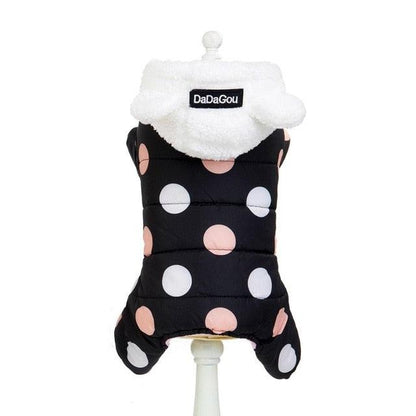 Waterproof dog snowsuit with polka dots, fleece-lined hoodie with ears, warm and windproof jumpsuit for small dogs.