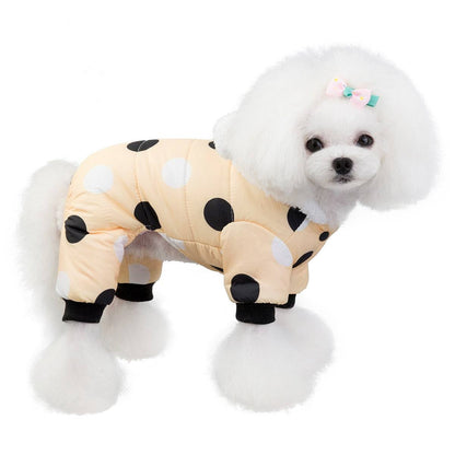 Small dog wearing waterproof polka dot snowsuit jumpsuit fleece lined winter coat