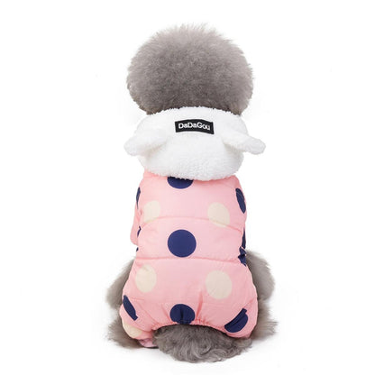 Waterproof dog snowsuit jumpsuit with pink polka dots, fleece lined and warm winter coat for small dogs