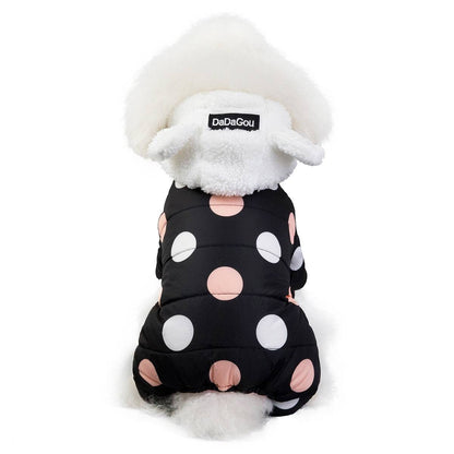 Waterproof dog snowsuit jumpsuit with large pink and white polka dots, fleece lined, hood with ears, for small dogs and puppies