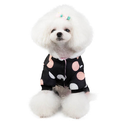 Small white dog wearing waterproof black snowsuit with large pink and white polka dots and fleece lining