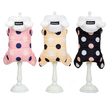 Waterproof dog snowsuits in pink, beige, and black with large polka dots, fleece lining, and hood with ears for small dogs.