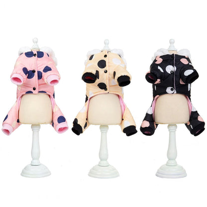 Waterproof dog snowsuits with legs in pink, beige, and black polka dot designs, fleece-lined and hooded with ears for small dogs.