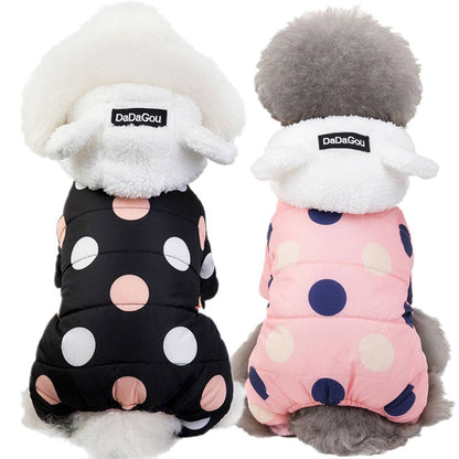 Waterproof dog snowsuit with legs fleece lined polka dot jumpsuit for small dogs winter coat hoodie with ears