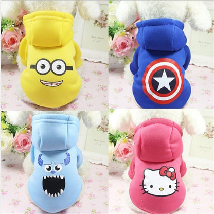 Colorful cartoon hoodie sweaters for small dogs with playful character designs including Minion, Captain America, Sulley, and Hello Kitty