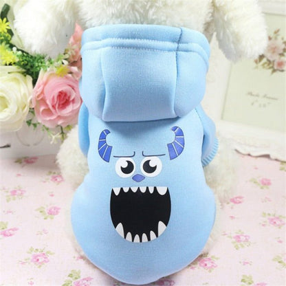 Blue cartoon hoodie sweater for small dogs with monster face design and fleece lining