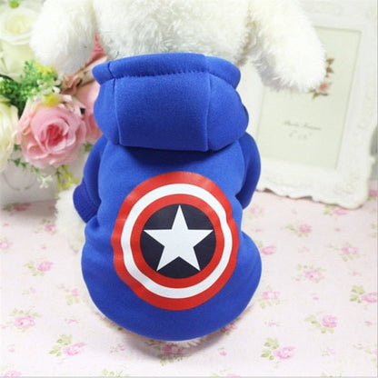 Small dog cartoon hoodie sweater with star shield design, soft fleece-lined blue jacket for puppies and small pets