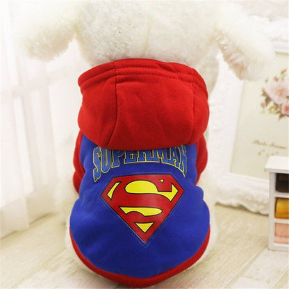 Small dog cartoon hoodie sweater with Superman logo in red and blue, warm and soft fleece-lined pet jacket for puppies and small to medium breeds